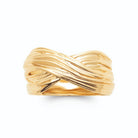 Bague bandeau large de fils d’or striés croisés en X plaqué or, vue de face
