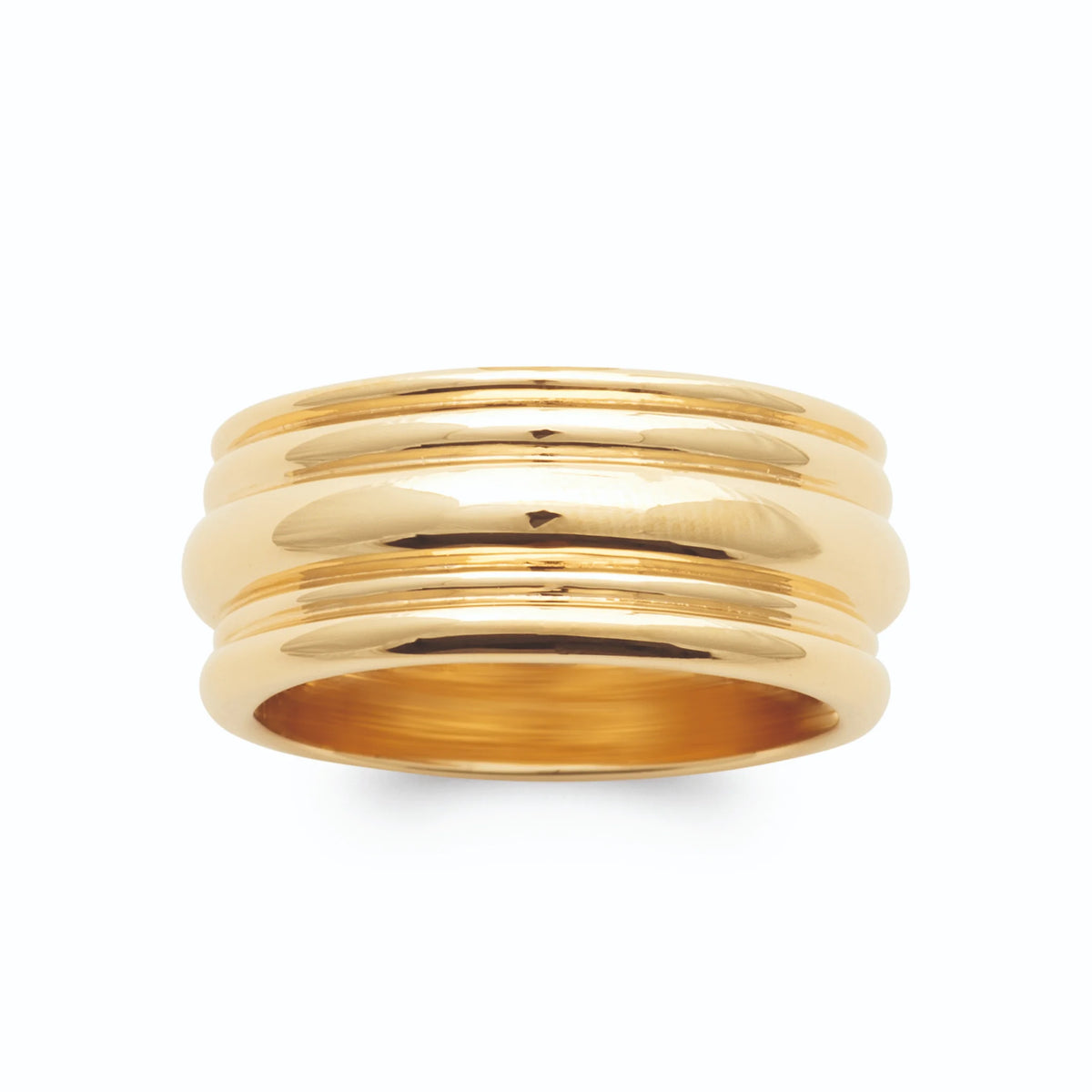 Bague bandeau large de joncs polis en gradins plaqué or, vue de face