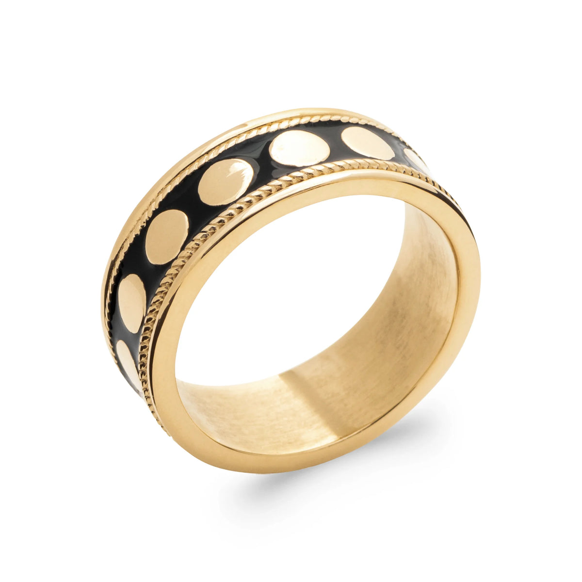 Bague bandeau large laqué noir ponctué de pois d’or en plaqué or