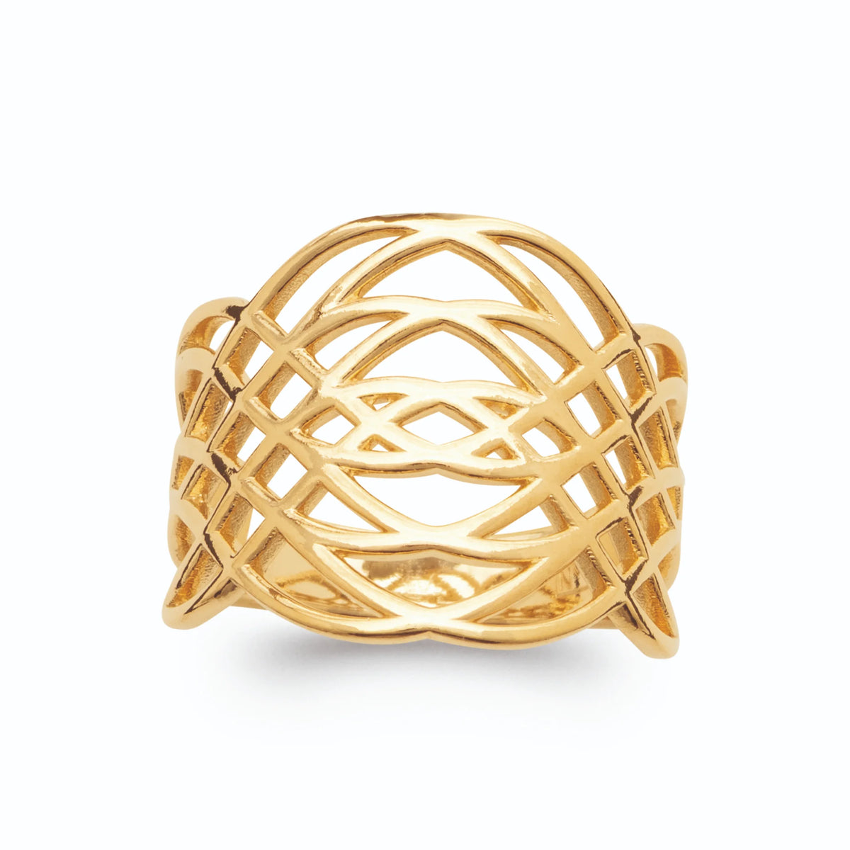 Bague bandeau large résille de fils d’or entrelacés plaqué or, vue de face