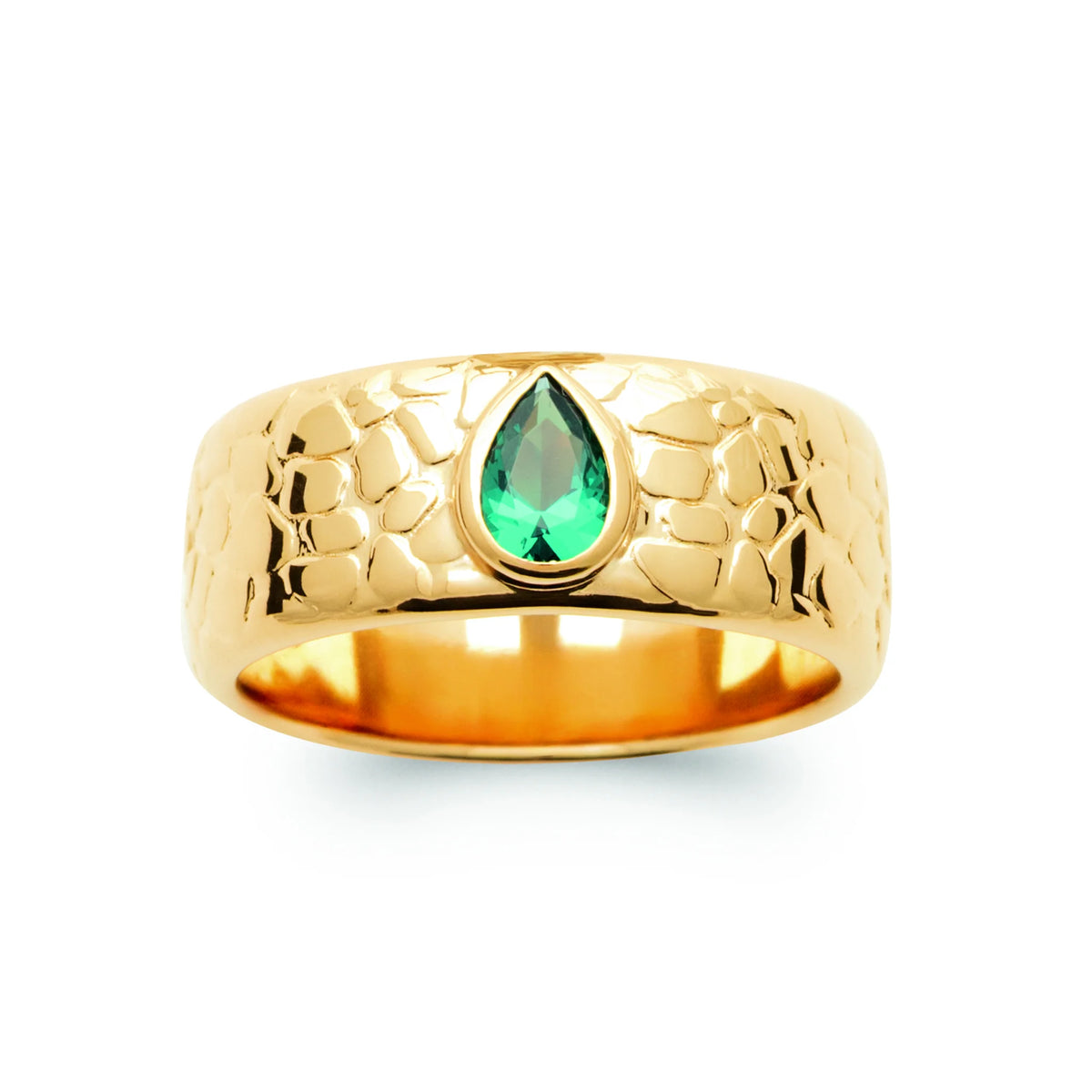 Bague bandeau large texturé en écailles pierre poire verte plaqué or, vue de face