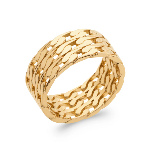 Bague bandeau large de trois rangs de chaînettes en plaqué or, vue de trois quarts