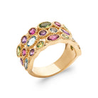 Bague bandeau large trois rangs de pierres multicolores en plaqué or