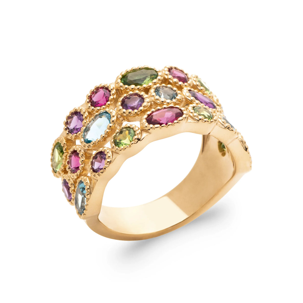 Bague bandeau large trois rangs de pierres multicolores en plaqué or