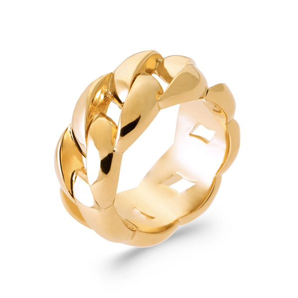 Bague bandeau maille gourmette plate et large en plaqué or, vue de trois quarts