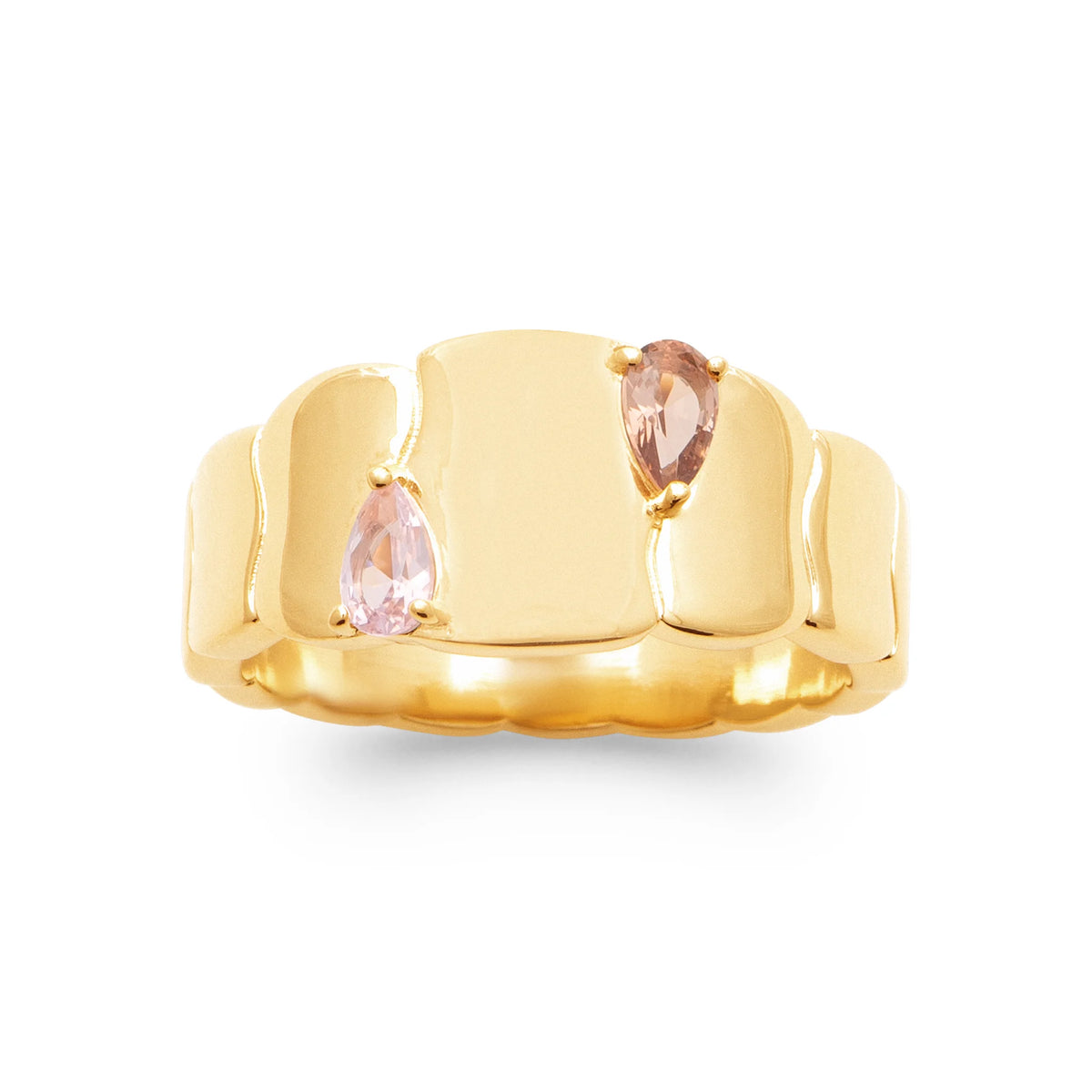Bague bandeau ondulé deux pierres poires rose pâle et rose poudré plaqué or, vue de face