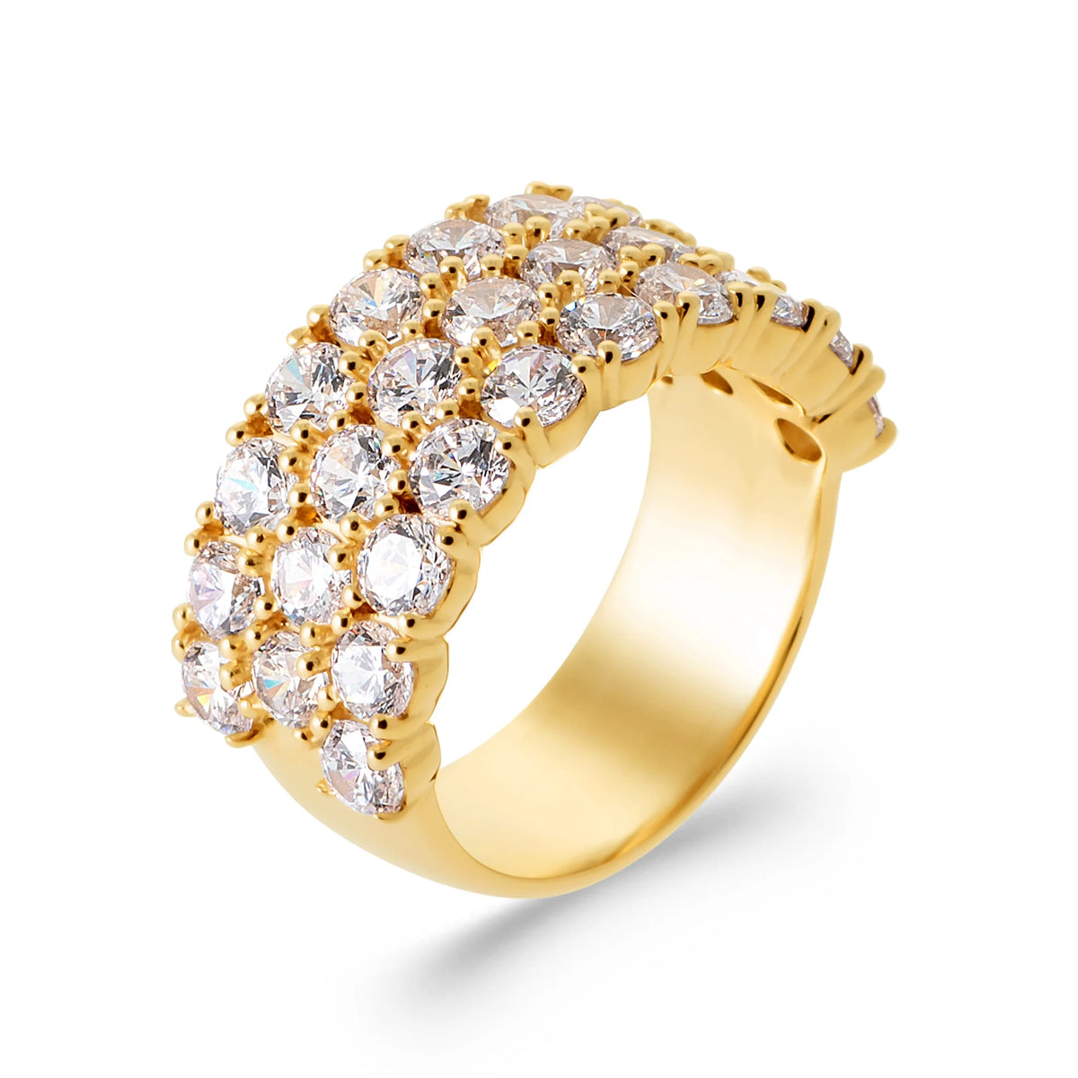 Bague bandeau pavé de trois rangs de gros zircons en plaqué or