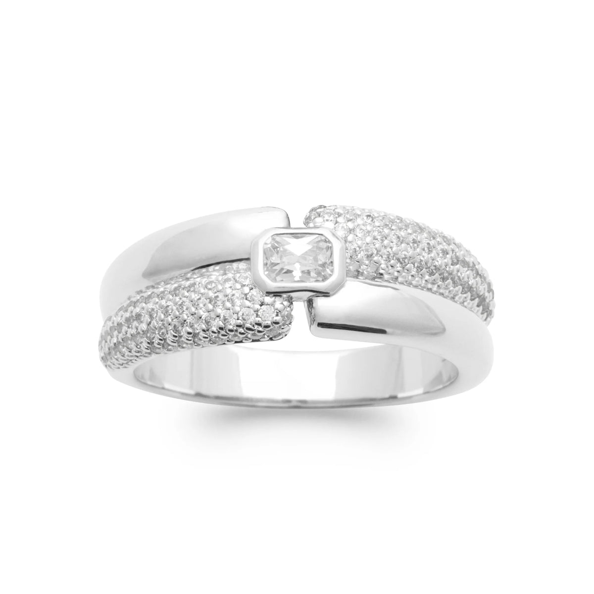 Bague bandeau pavé et zircon baguette central en argent 925