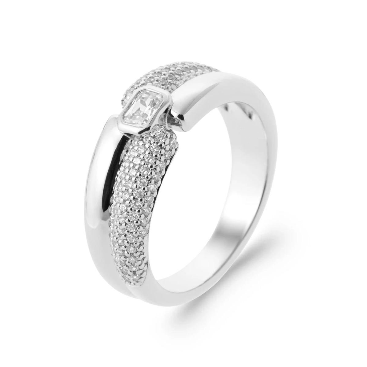 Bague bandeau pavé et zircon baguette central en argent 925