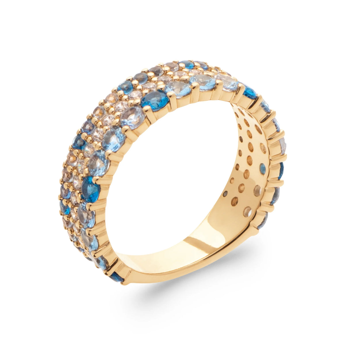 Bague bandeau pavé de zircons camaïeu de bleus et de blancs en plaqué or