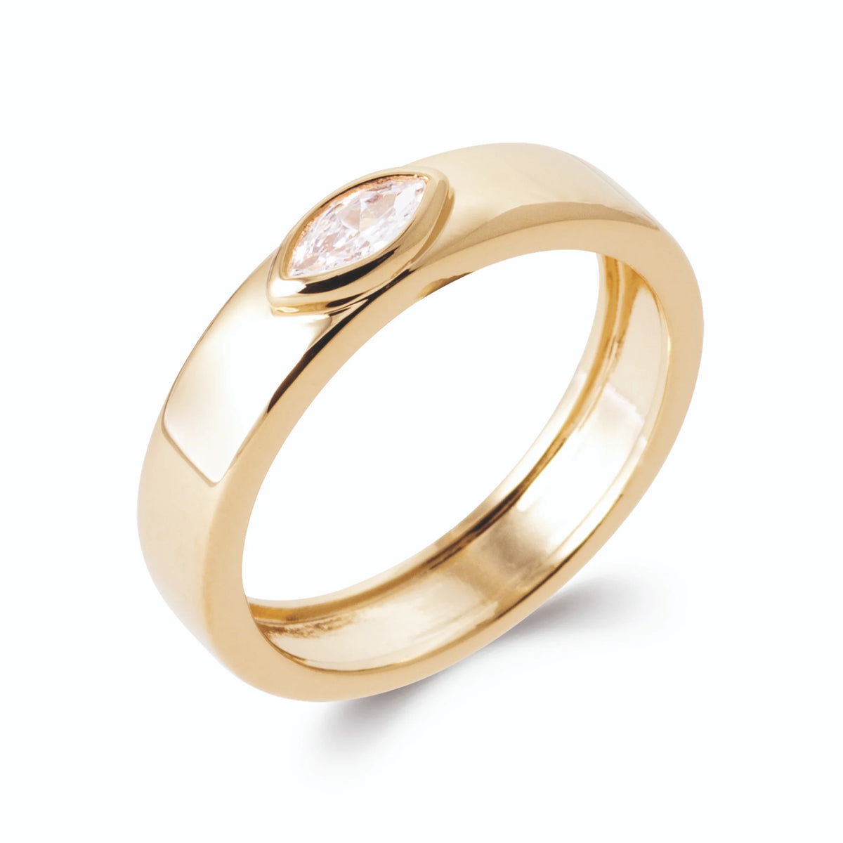 Bague bandeau plat poli et zircon navette serti à fleur en plaqué or