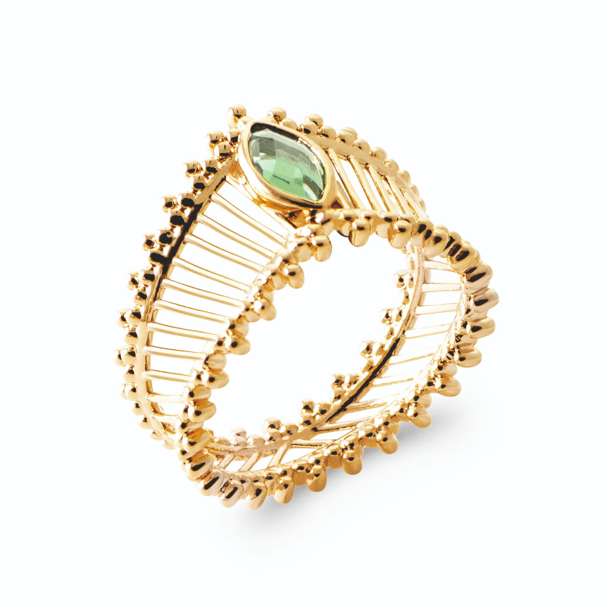 Bague bandeau soleil ajouré de rayons perlés et pierre navette verte en plaqué or