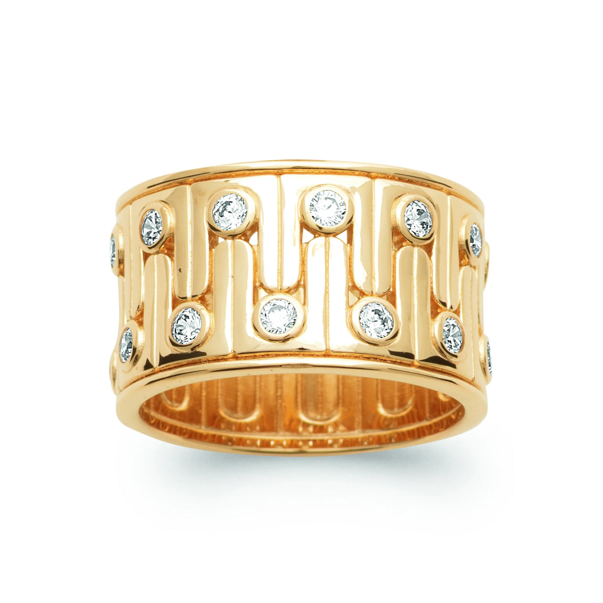Bague bandeau très large méandres en relief et zircons plaqué or, vue de face