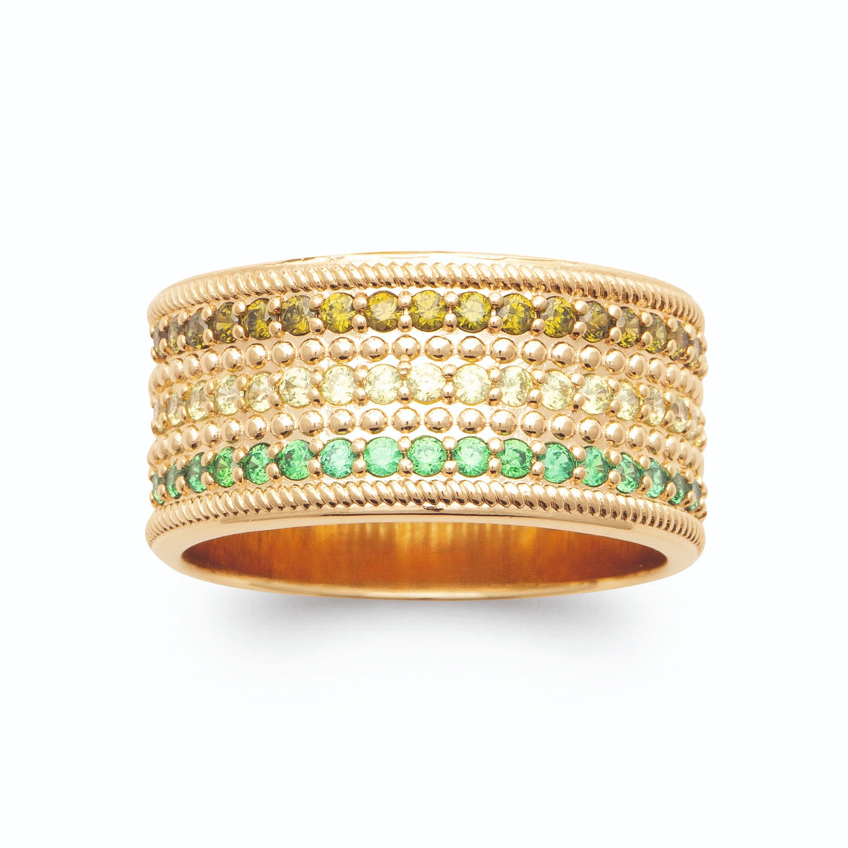 Bague bandeau trois rangs pavés camaïeu de verts en plaqué or