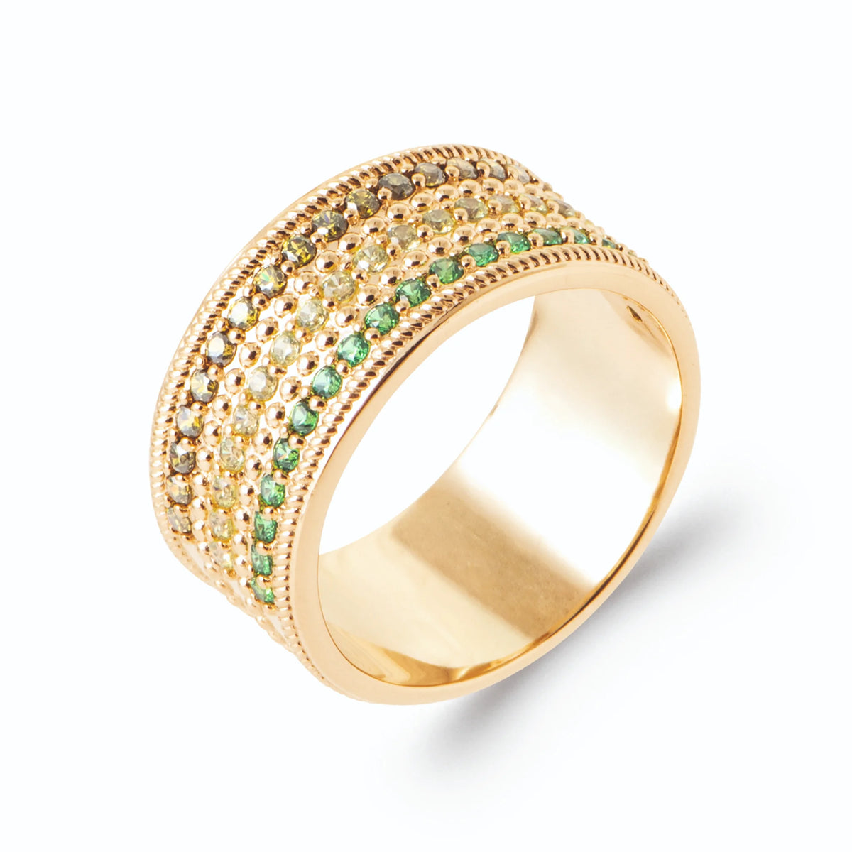 Bague bandeau trois rangs pavés camaïeu de verts en plaqué or