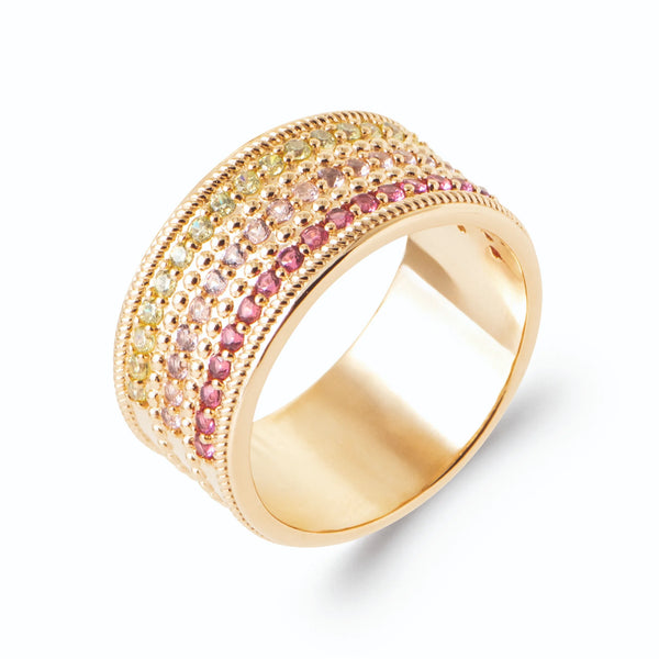Bague bandeau trois rangs pavés jaune, clair et rose en plaqué or, vue de trois quarts