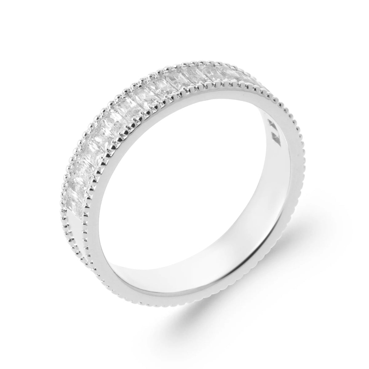 Bague bandeau zircons baguettes bordé de zircons ronds en argent 925