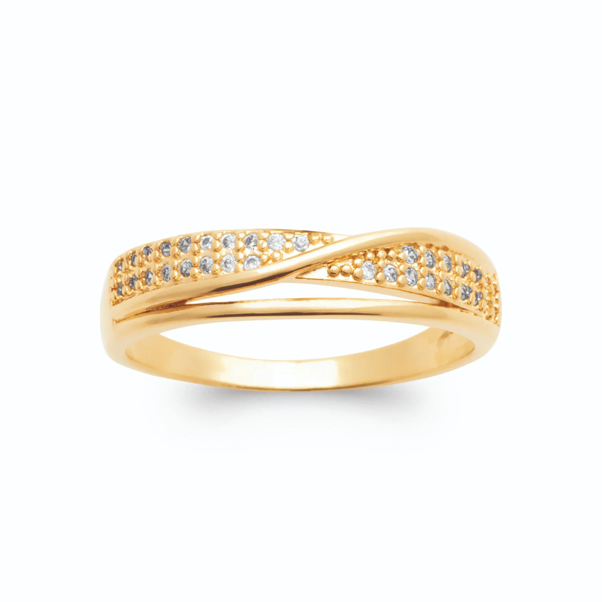 Bague bandes croisées en X pavées de zircons plaqué or, vue de face
