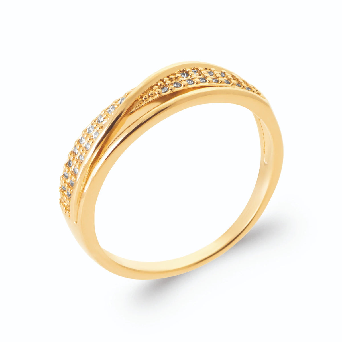 Bague bandes croisées en X pavées de zircons en plaqué or, vue de trois quarts