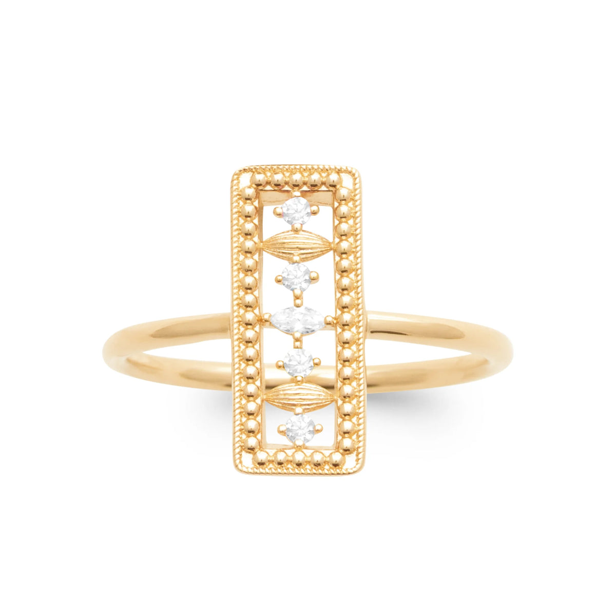 Bague barrette rectangulaire bord perlé colonne de zircons plaqué or, vue de face