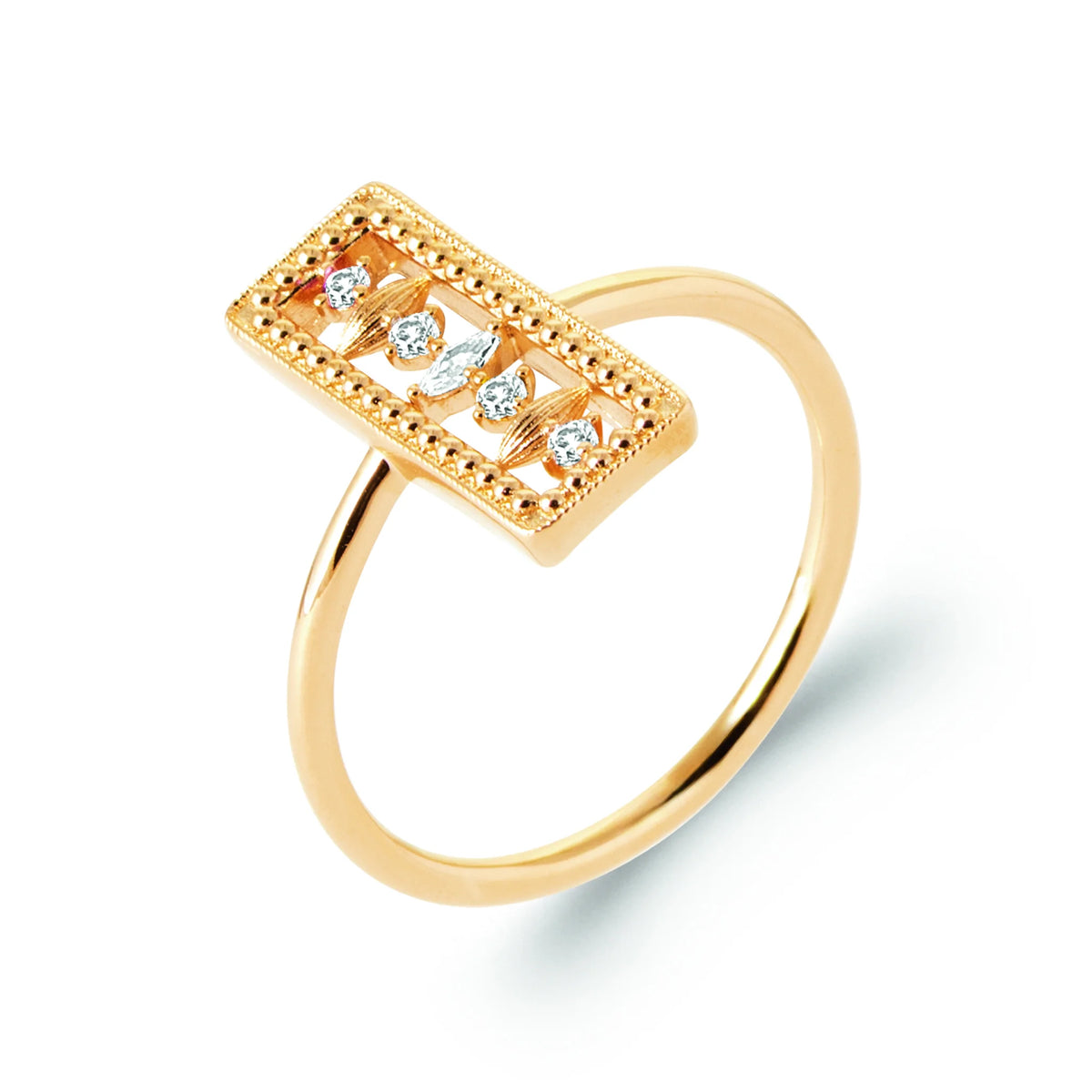 Bague barrette rectangulaire bord perlé colonne de zircons en plaqué or, vue de trois quarts