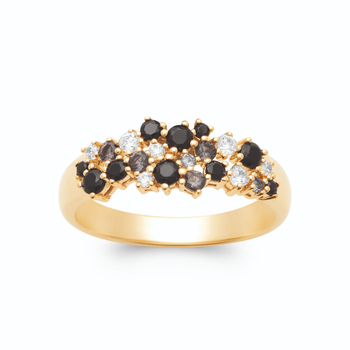 Bague bombée grappe de pierres noires et zircons plaqué or, vue de face
