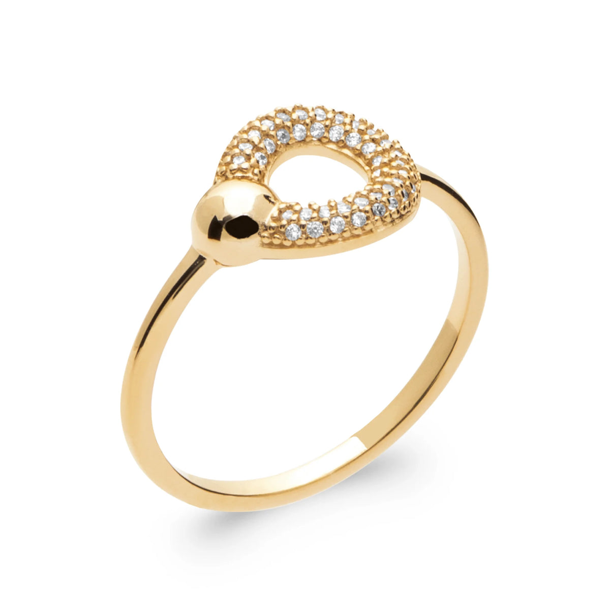 Bague boucle en goutte pavée de zircons fermée par une bille d’or en plaqué or