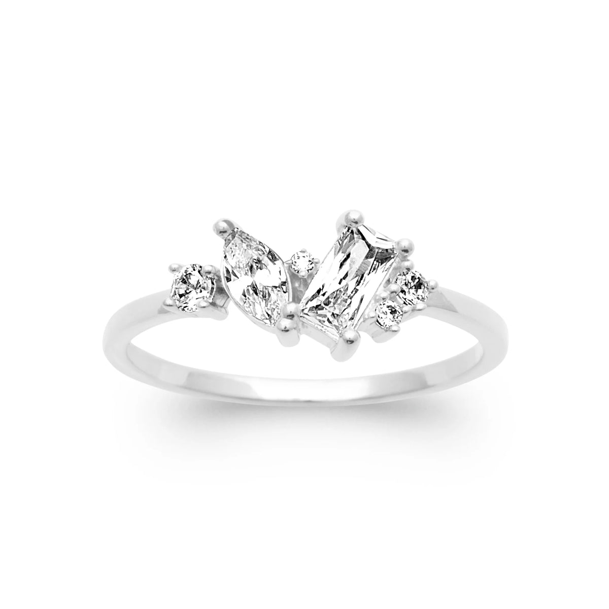 Bague bouquet de navettes et baguettes de zircons en argent 925