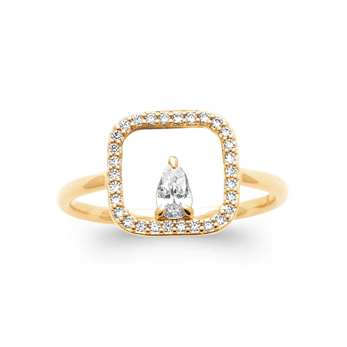 Bague cadre carré pavé et zircon poire suspendu plaqué or, vue de face