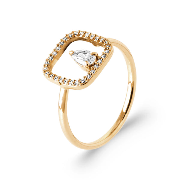 Bague cadre carré pavé et zircon poire suspendu en plaqué or, vue de trois quarts