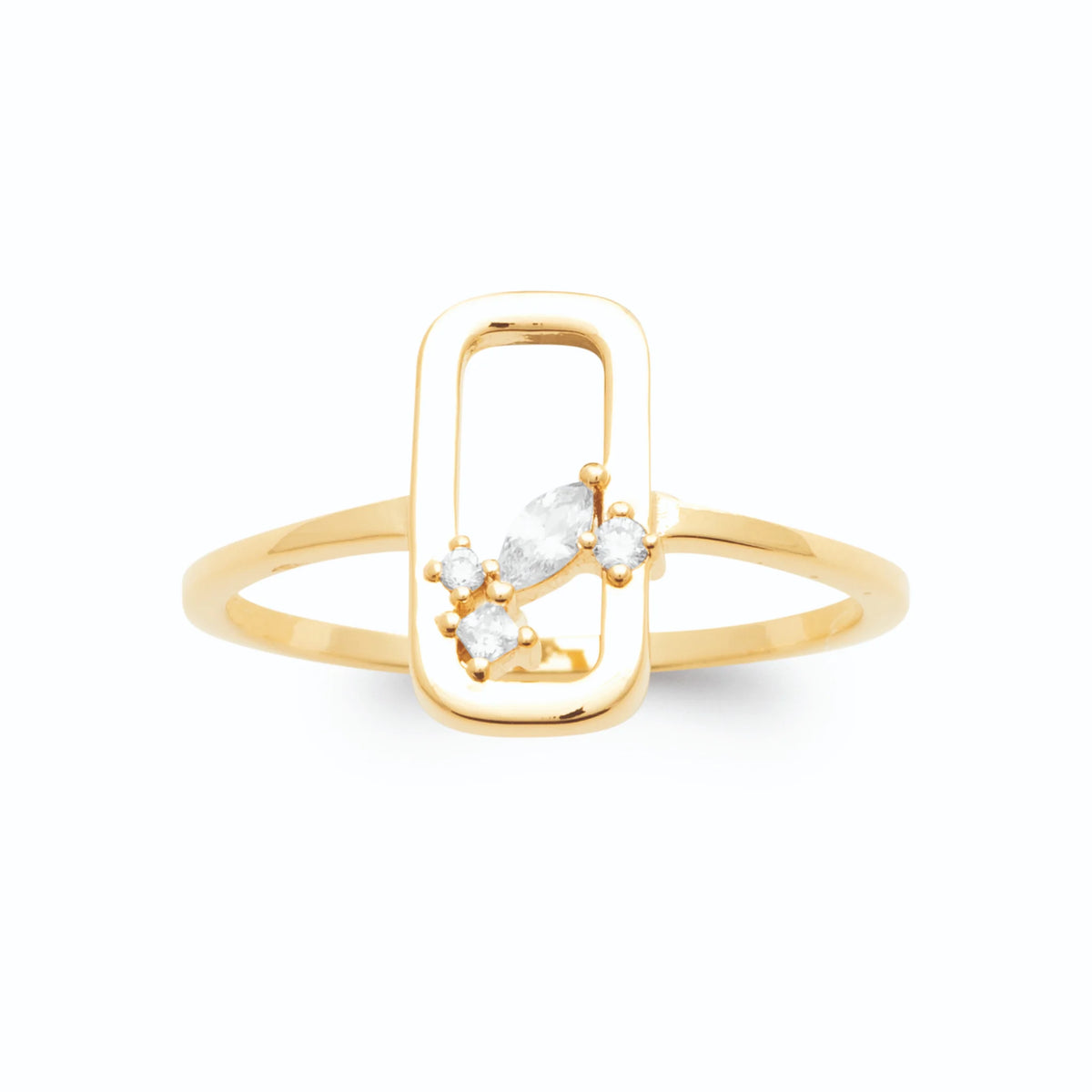 Bague cadre rectangulaire ouvert et grappe de zircons plaqué or, vue de face