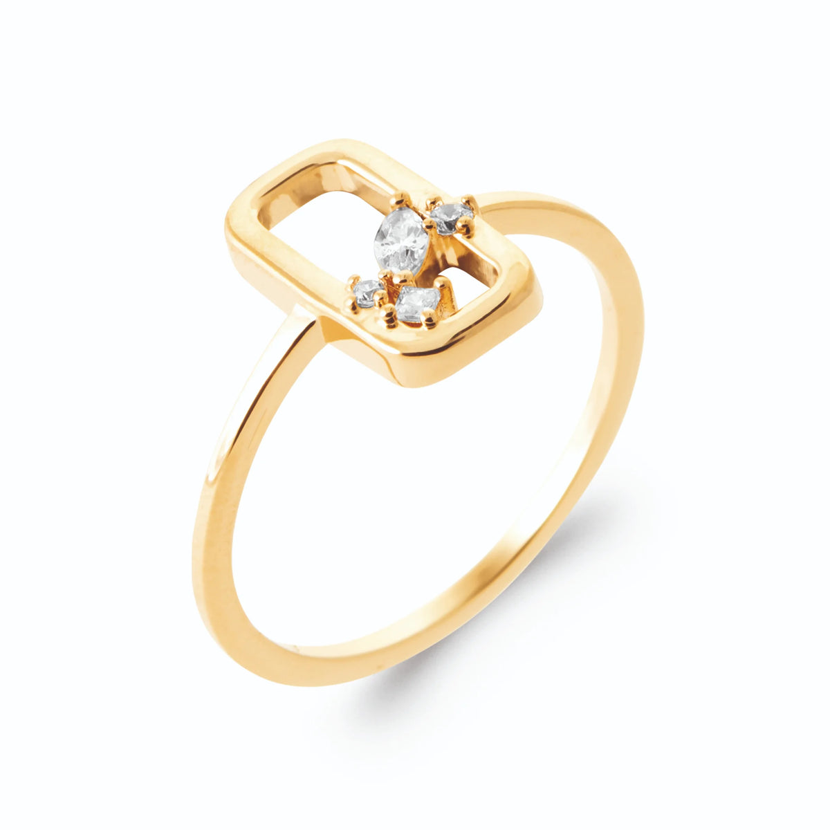 Bague cadre rectangulaire ouvert et grappe de zircons en plaqué or, vue de trois quarts