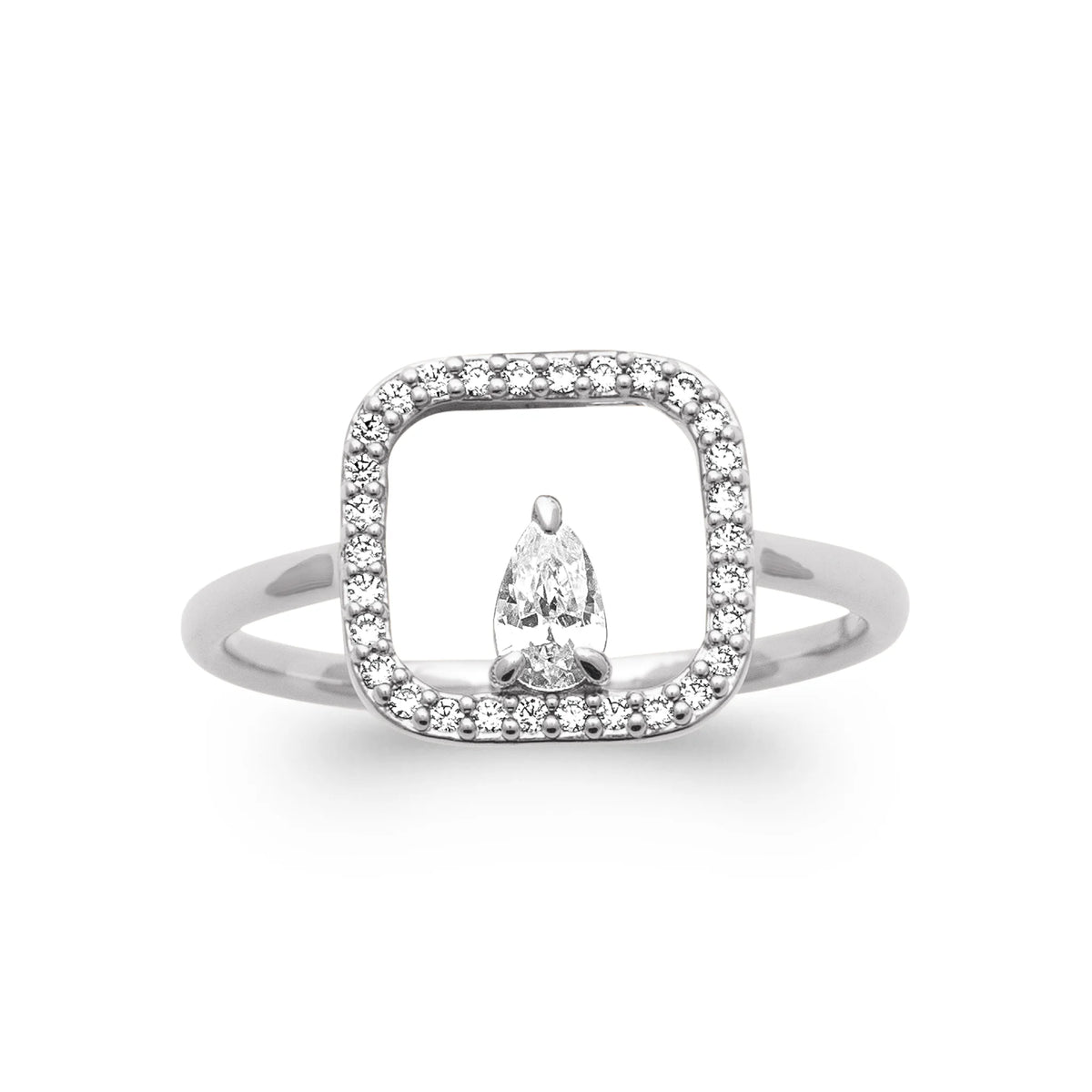 Bague cadre rectangulaire pavé et zircon poire en argent 925