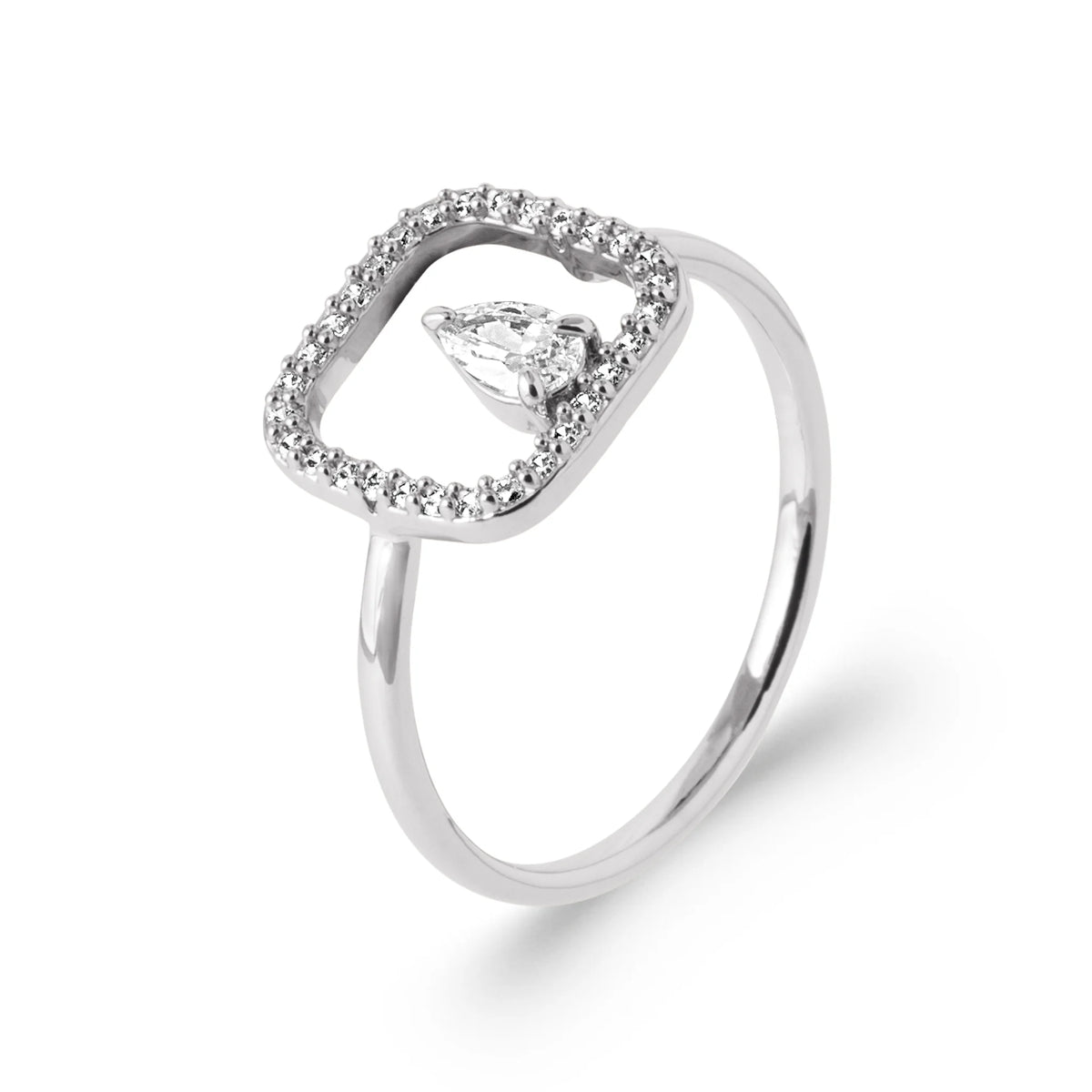 Bague cadre rectangulaire pavé et zircon poire en argent 925