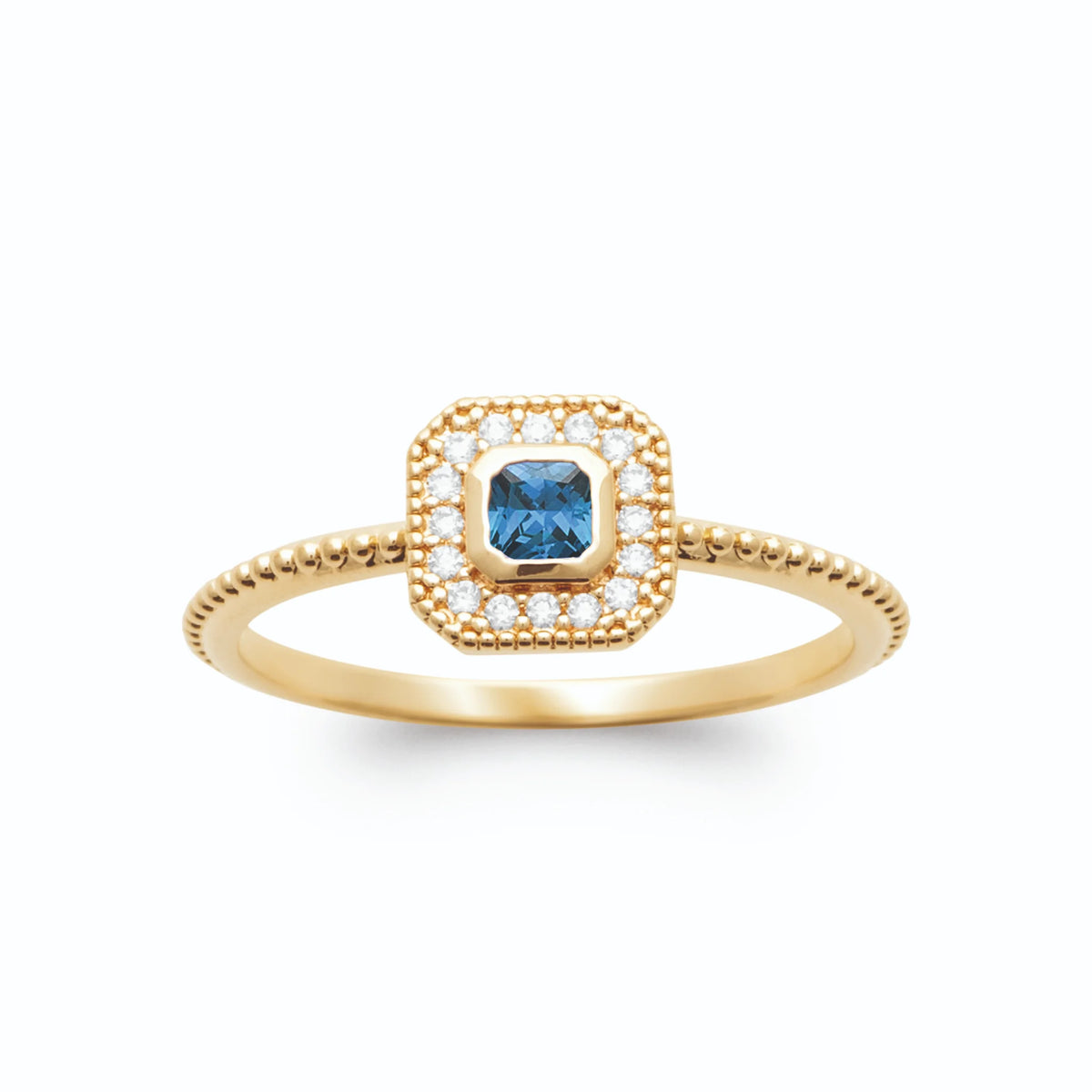 Bague carrée bleu outremer entourage de zircons anneau perlé en plaqué or