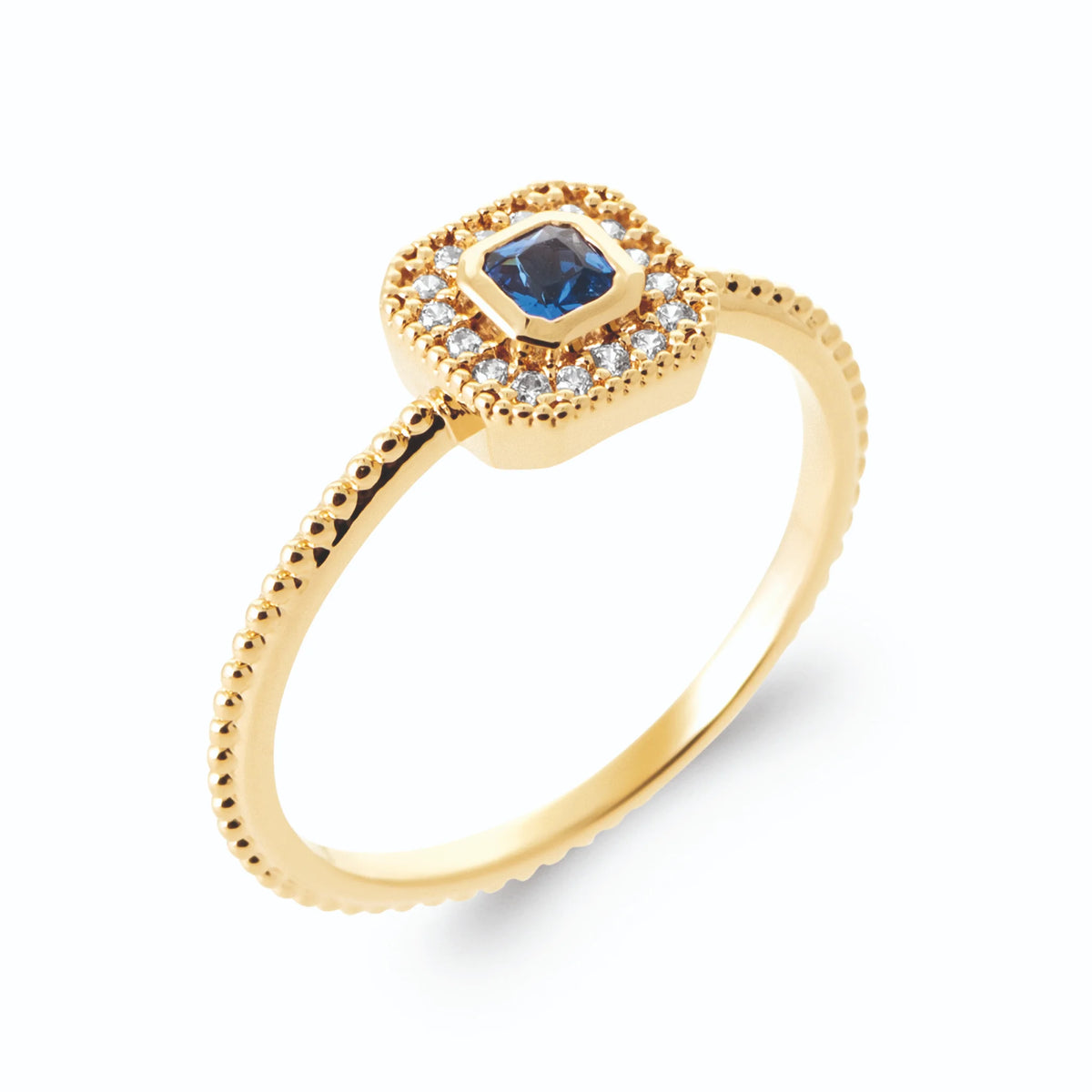 Bague carrée bleu outremer entourage de zircons anneau perlé en plaqué or