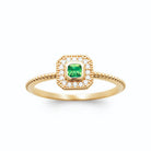Bague carrée vert intense entourage de zircons anneau perlé en plaqué or