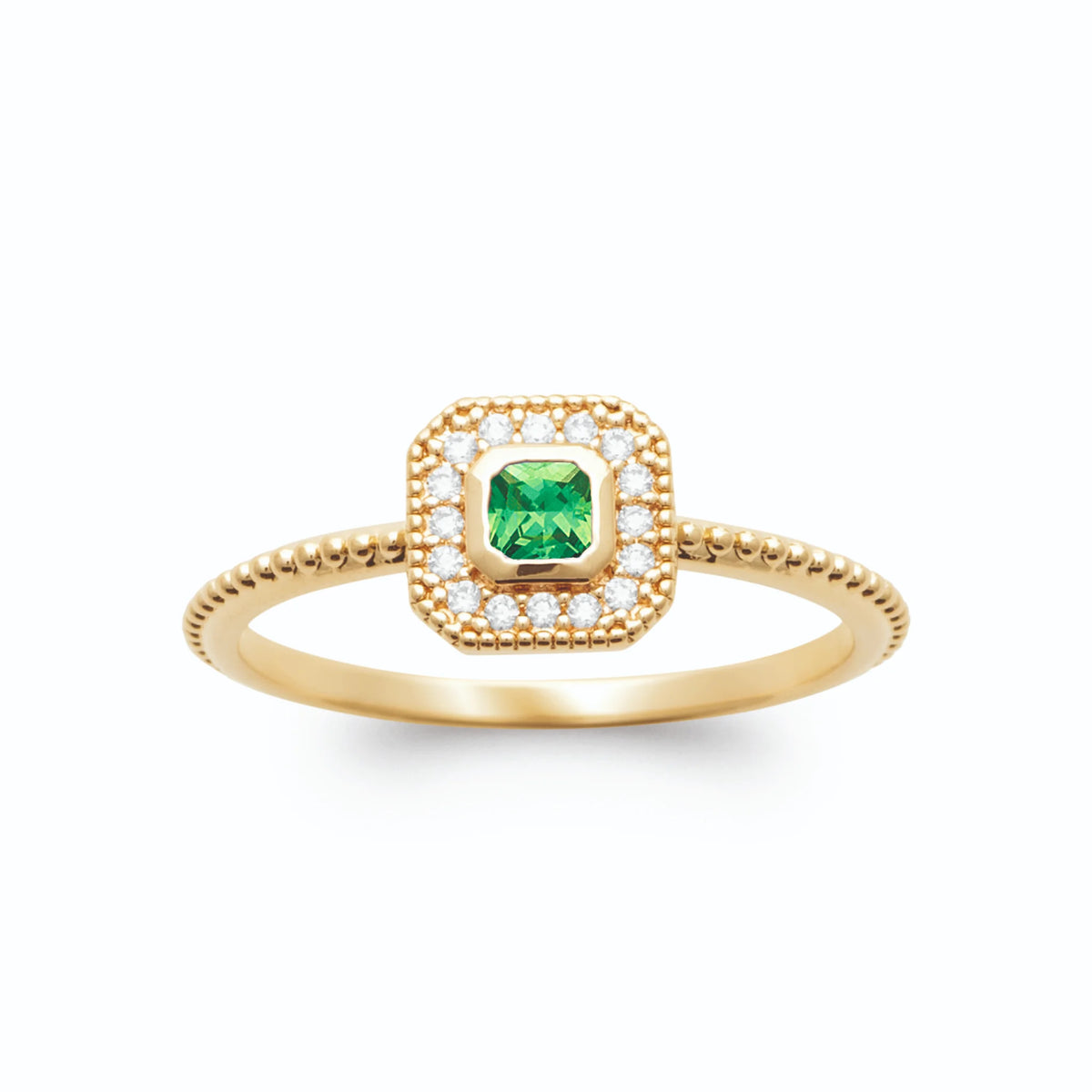 Bague carrée vert intense entourage de zircons anneau perlé en plaqué or