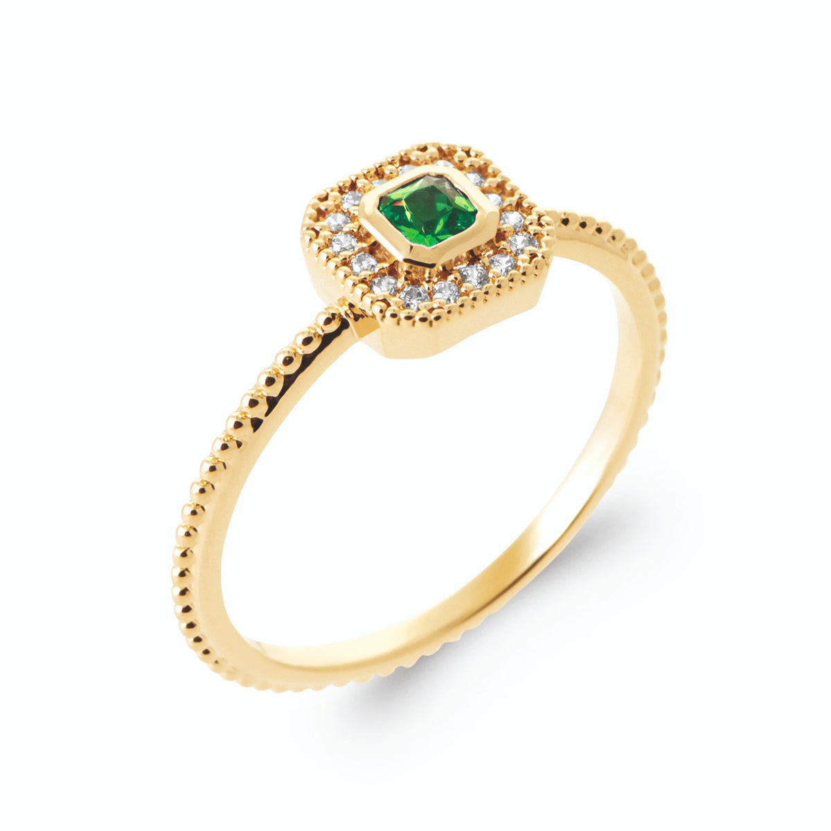 Bague carrée vert intense entourage de zircons anneau perlé en plaqué or