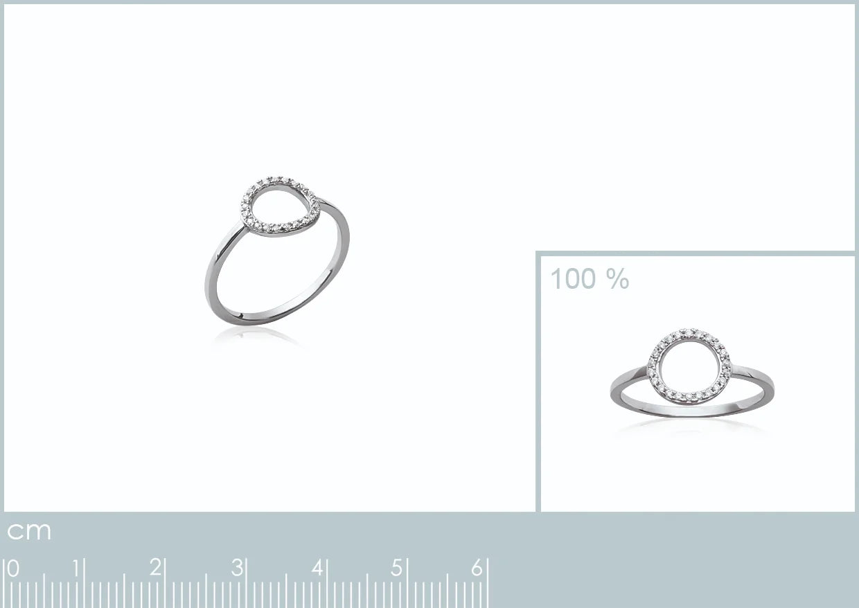 Bague cercle ajouré serti de zircons en argent 925, planche avec vue à taille réelle et réglet