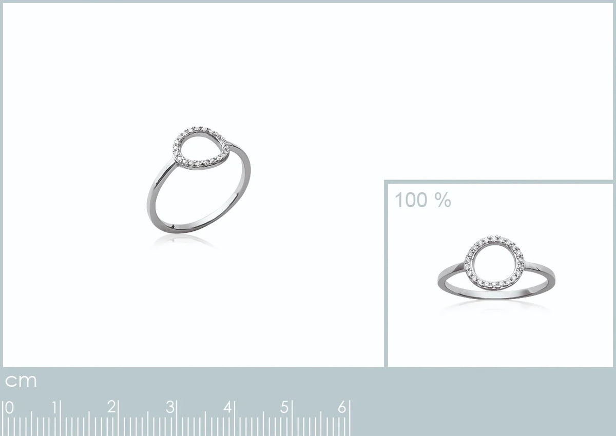 Bague cercle ajouré serti de zircons en argent 925, planche avec vue à taille réelle et réglet