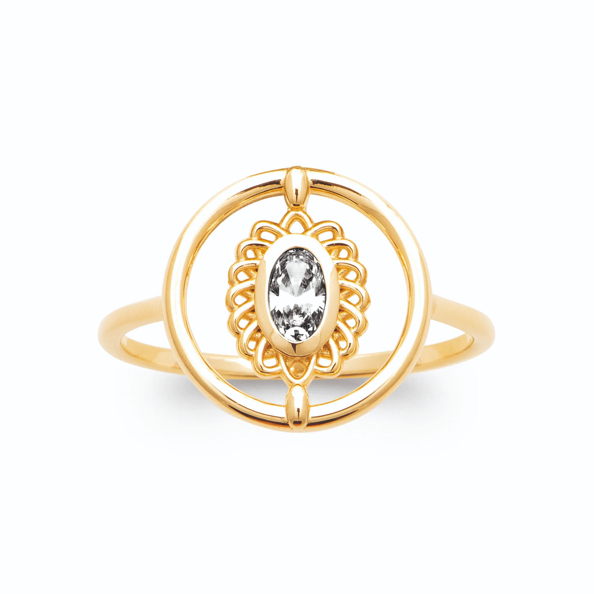 Bague cercle et médaillon zircon ovale plaqué or, vue de face