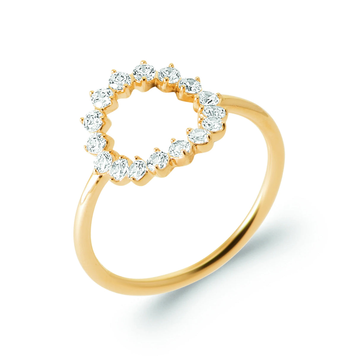 Bague cercle ouvert couronne de zircons en plaqué or, vue de trois quarts