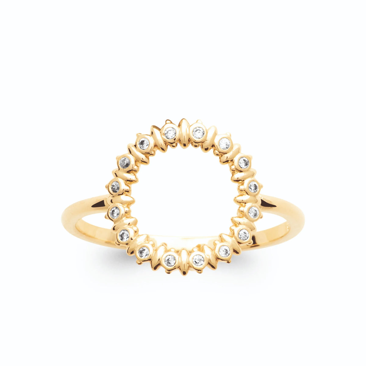 Bague cercle ouvert couronne de zircons et pointes d’or plaqué or, vue de face