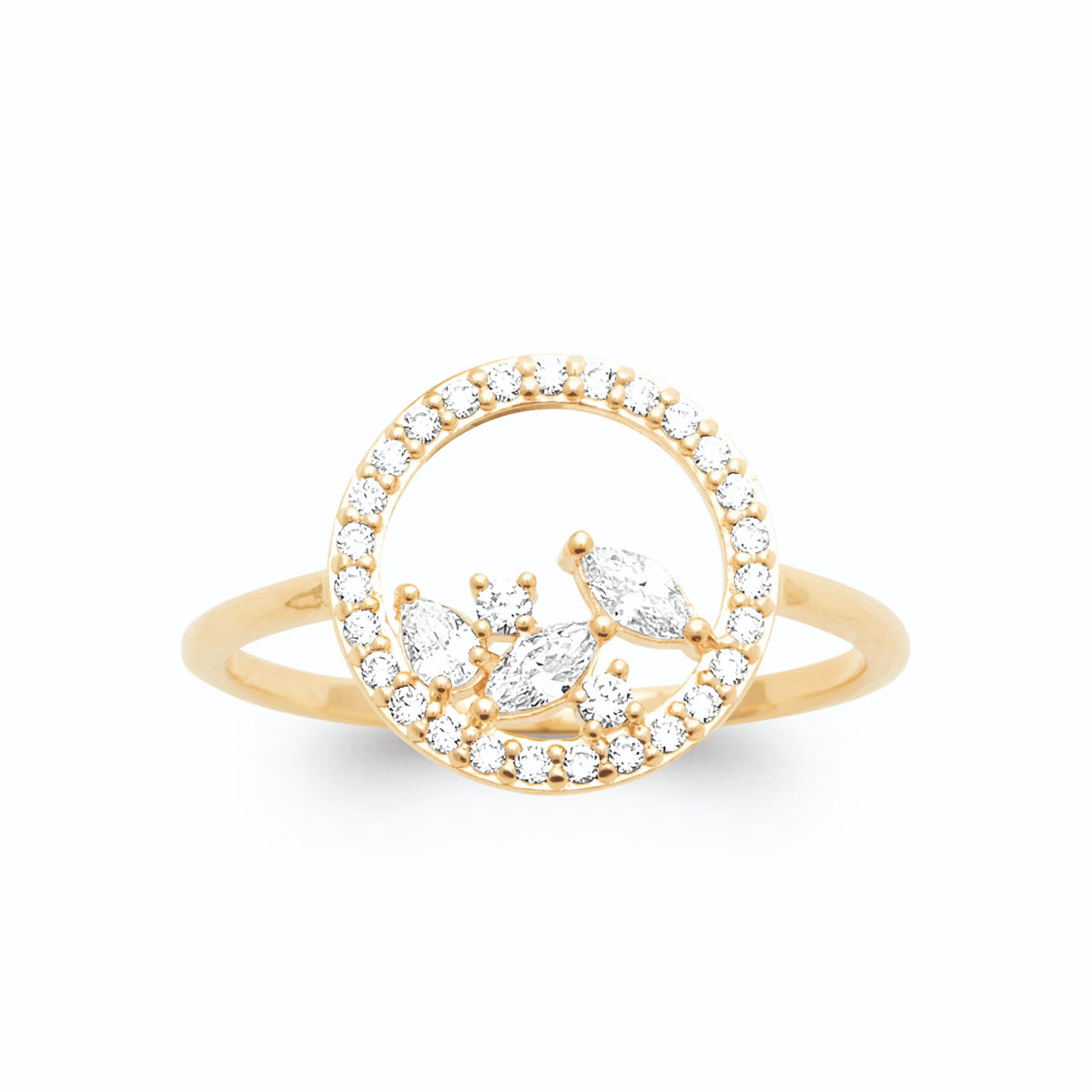 Bague cercle pavé de zircons et grappe intérieure plaqué or, vue de face