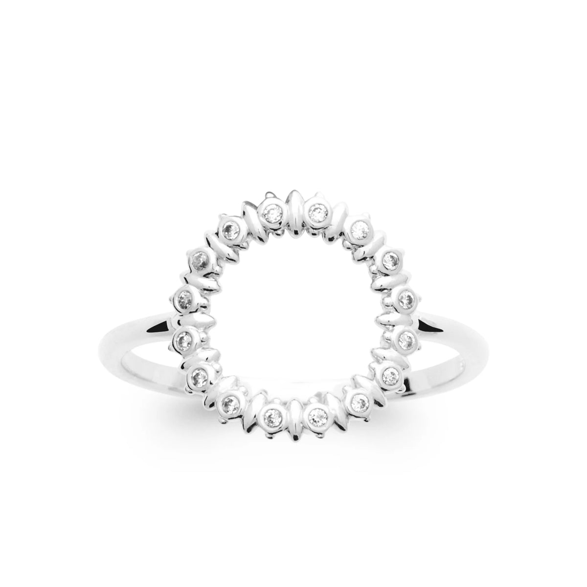 Bague cercle perlé ponctué de zircons en argent 925