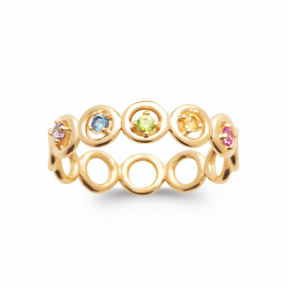 Bague cercles ajourés enchaînés et petites pierres multicolores plaqué or, vue de face