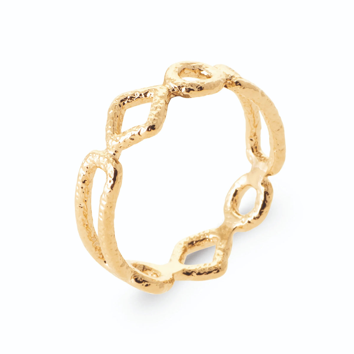 Bague chaîne de losanges ajourés en fil d’or perlé en plaqué or
