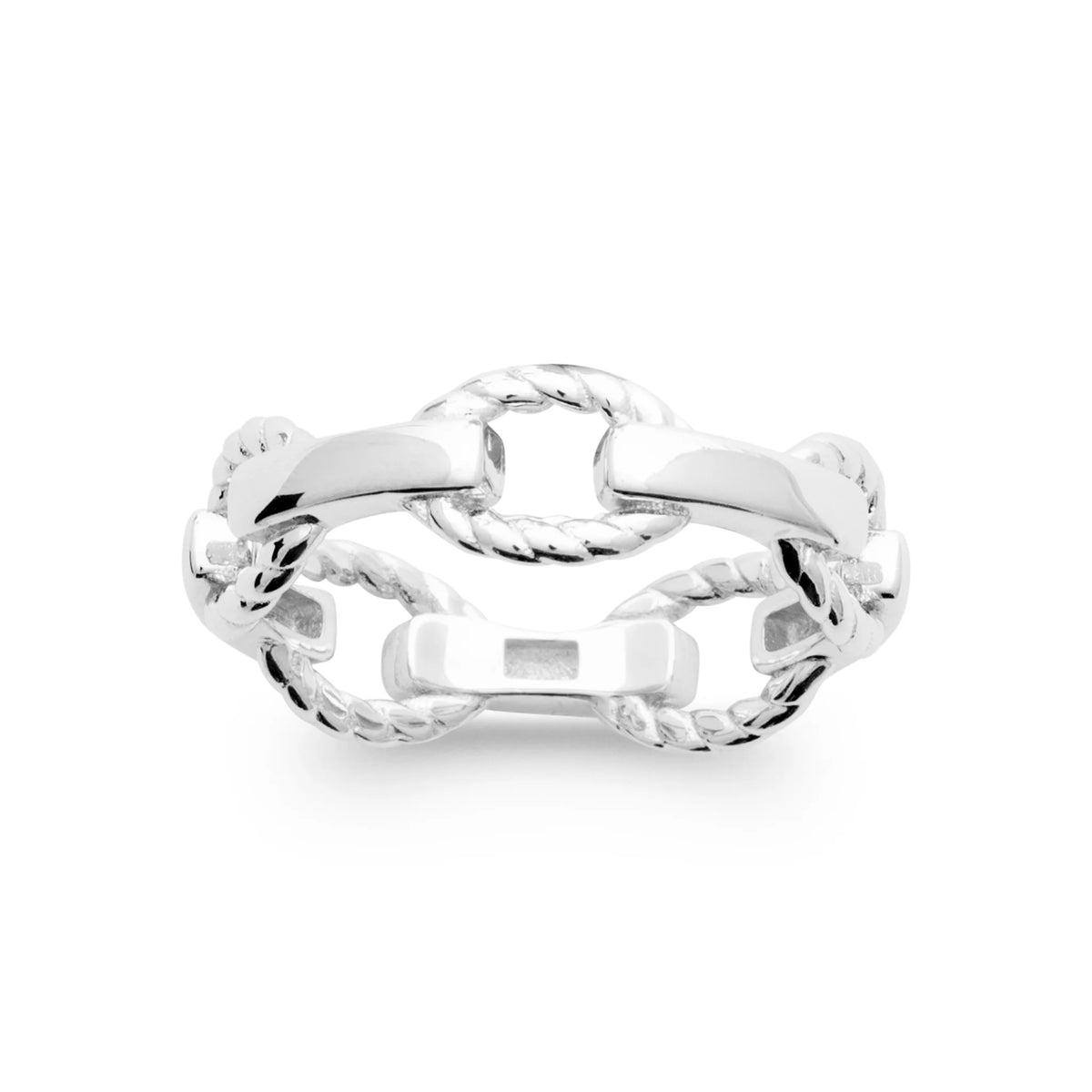 Bague chaîne de maillons ovales torsadés en argent 925 rhodié