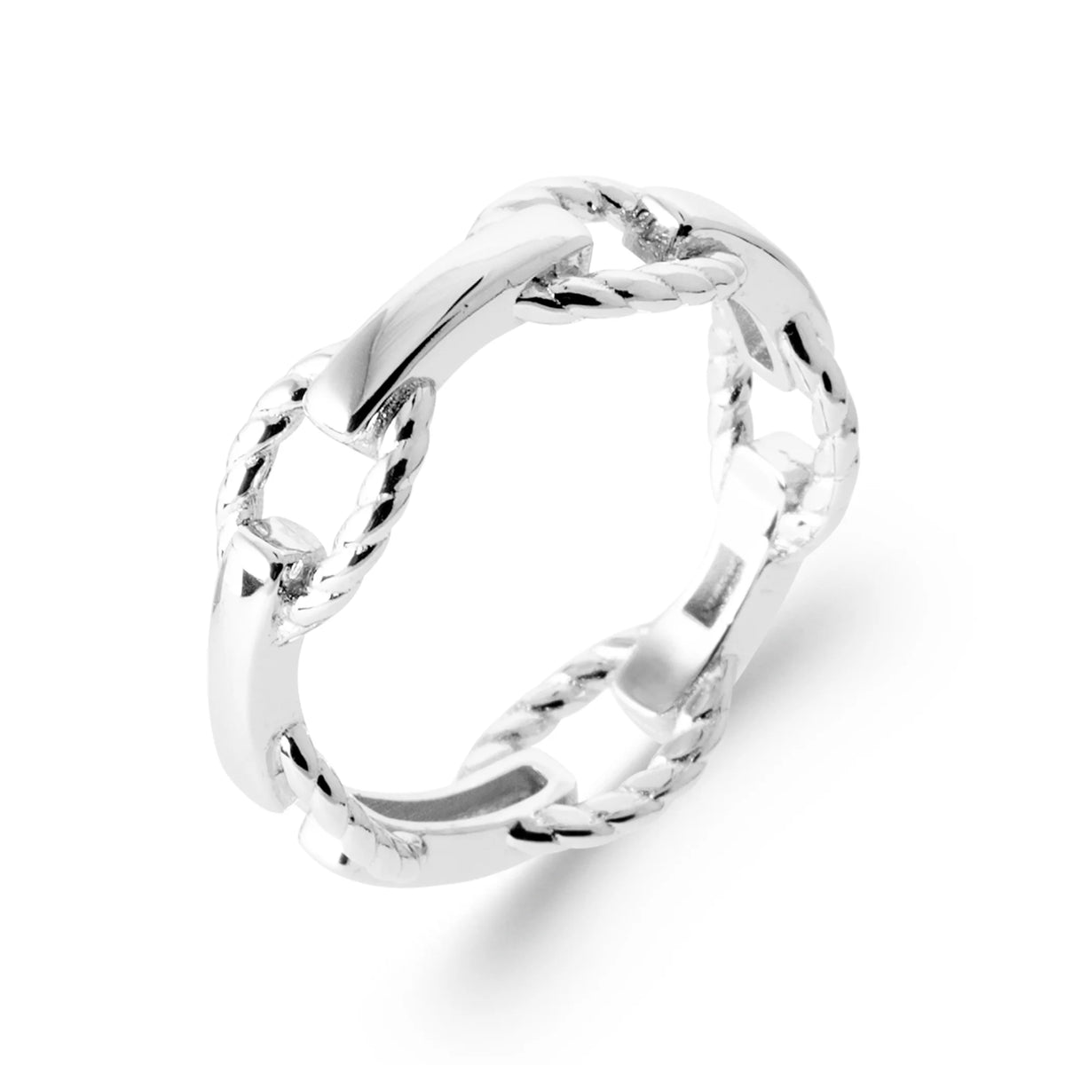 Bague chaîne de maillons ovales torsadés en argent 925 rhodié